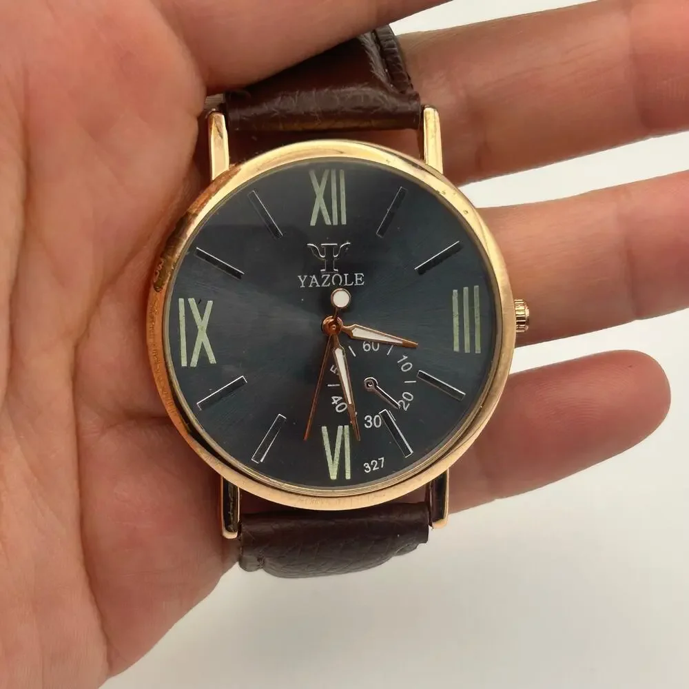 Yazole Roman Numeral Brown Leather Watch Working New Battery